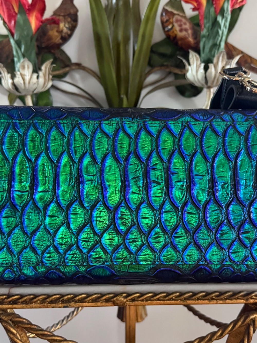 ๐๐ NWT Brahmin Emerald Lulia Caroline Metallic Blue Green Snake Print Bag ๐๐ - Picture 9 of 16
